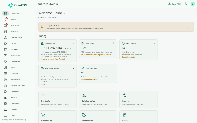 The back office dashboard: today's sales, low stock, held orders, purchase orders and the tills.