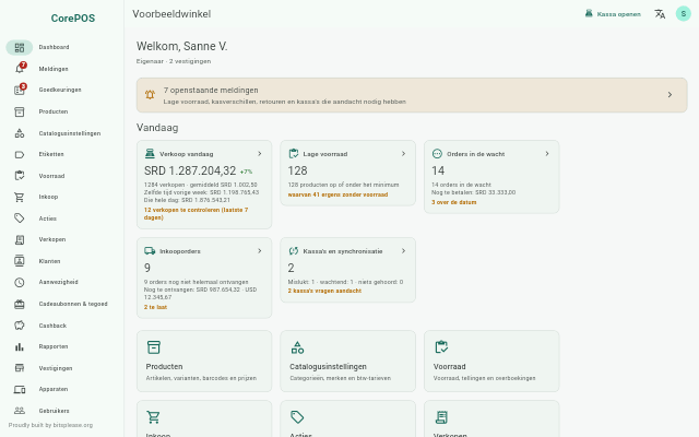 Het dashboard van de backoffice: de verkoop van vandaag, lage voorraad, orders in de wacht, inkooporders en de kassa's.