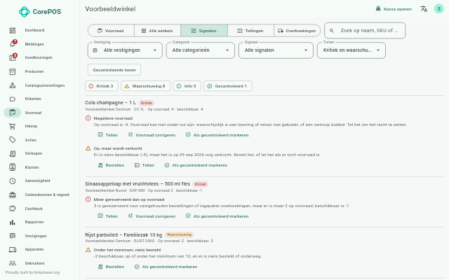 Voorraadsignalen in de backoffice: producten met negatieve voorraad of onder het minimum, met knoppen om te tellen of te bestellen.